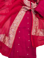 Pink Pure Moonga Silk Banarasi Handloom Suit With Kadwa Plain Sona Roopa Border Georgette Dupatta - Luxurion World