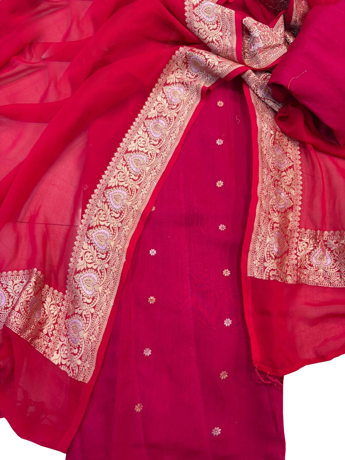 Pink Pure Moonga Silk Banarasi Handloom Suit With Kadwa Plain Sona Roopa Border Georgette Dupatta - Luxurion World