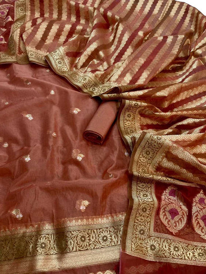 Elegant Brown Banarasi Organza Silk Suit Set - Luxurion World