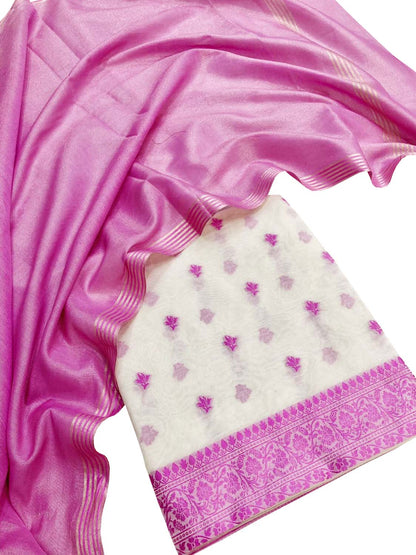 Pink & Off White Banarasi Cotton Resham Unstitched Suit Set With Tissue Dupatta - Luxurion World