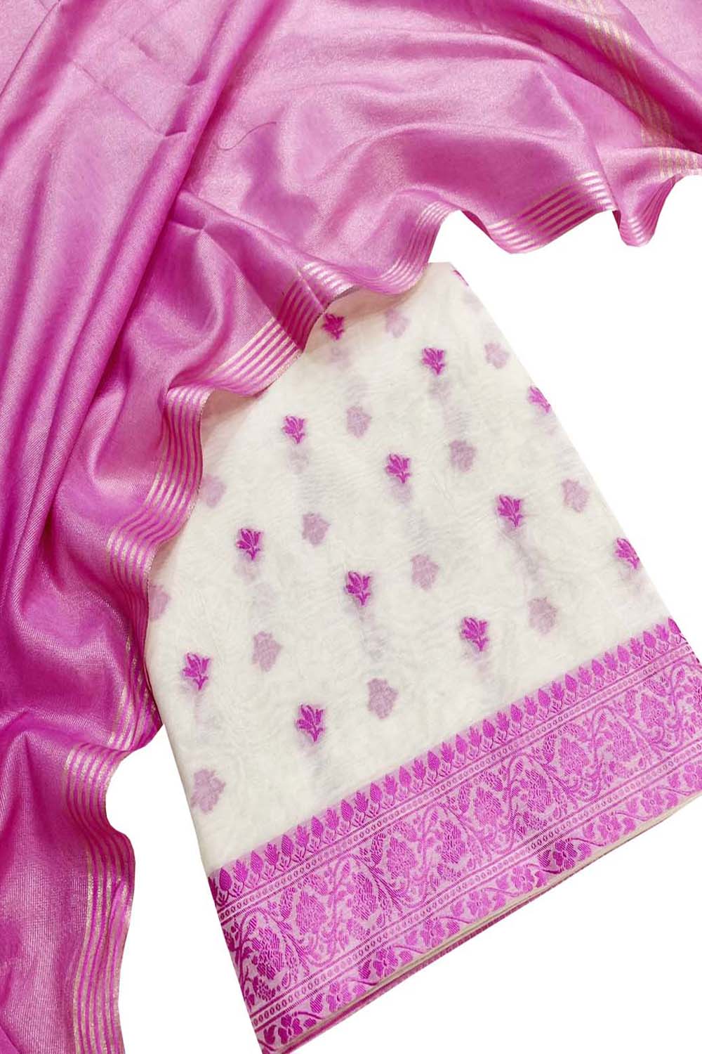 Pink & Off White Banarasi Cotton Resham Unstitched Suit Set With Tissue Dupatta - Luxurion World