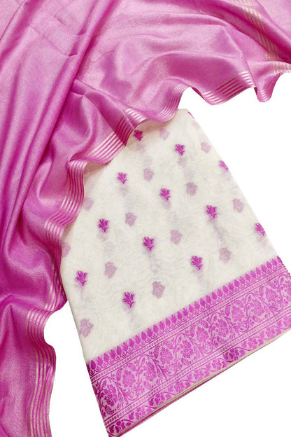Pink & Off White Banarasi Cotton Resham Unstitched Suit Set With Tissue Dupatta - Luxurion World