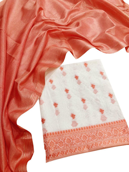 Orange & Off White Banarasi Cotton Resham Unstitched Suit Set With Tissue Dupatta - Luxurion World