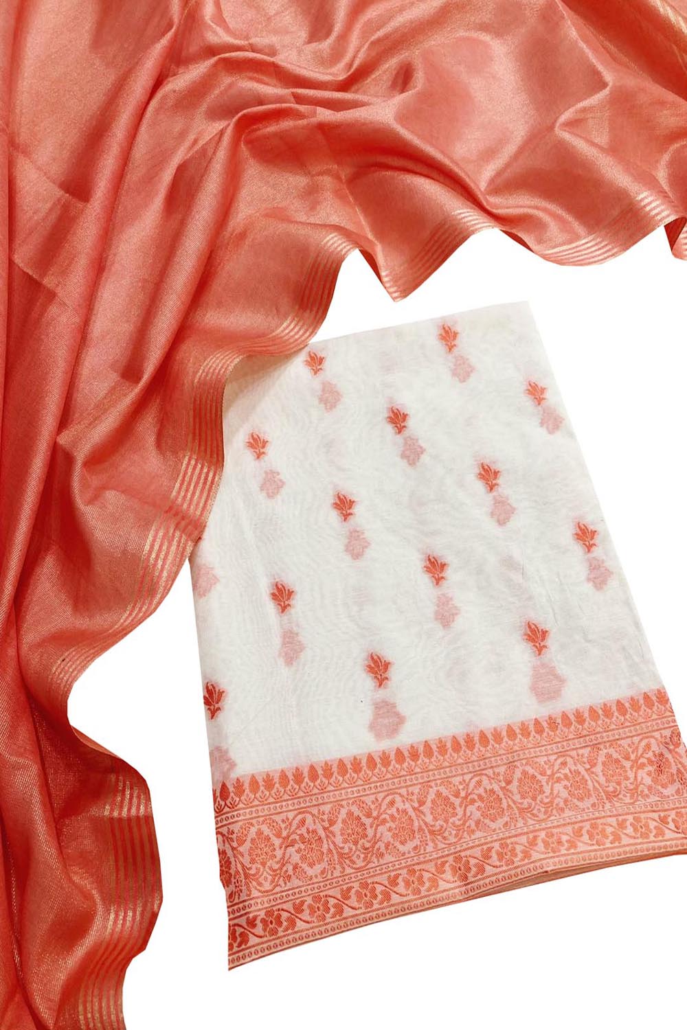 Orange & Off White Banarasi Cotton Resham Unstitched Suit Set With Tissue Dupatta - Luxurion World