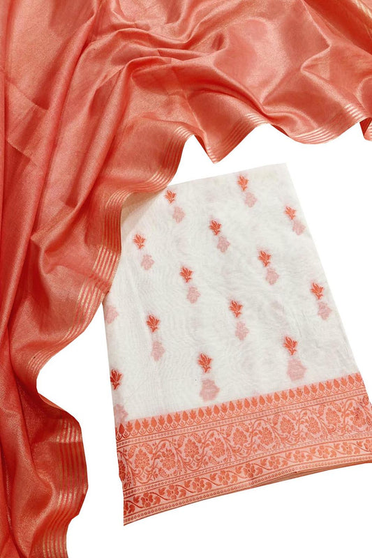Orange & Off White Banarasi Cotton Resham Unstitched Suit Set With Tissue Dupatta - Luxurion World