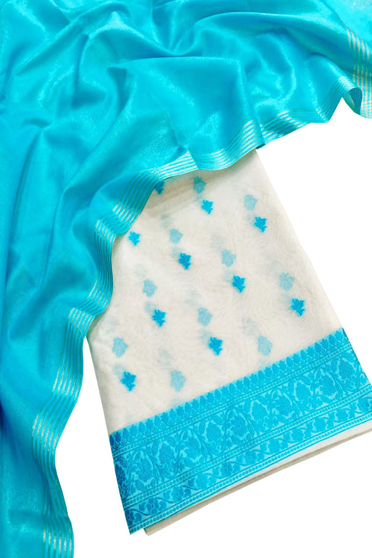 Blue & Off White Banarasi Cotton Resham Unstitched Suit Set With Tissue Dupatta - Luxurion World