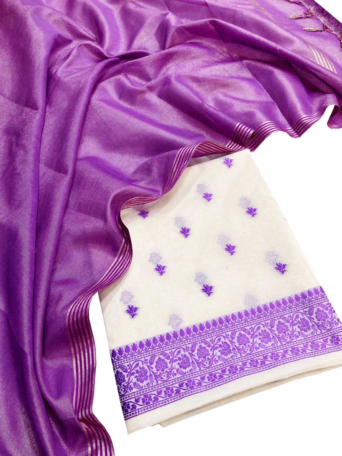 Purple & Off White Banarasi Cotton Resham Unstitched Suit Set With Tissue Dupatta - Luxurion World