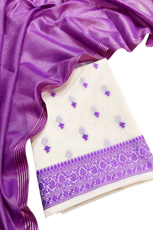 Purple & Off White Banarasi Cotton Resham Unstitched Suit Set With Tissue Dupatta