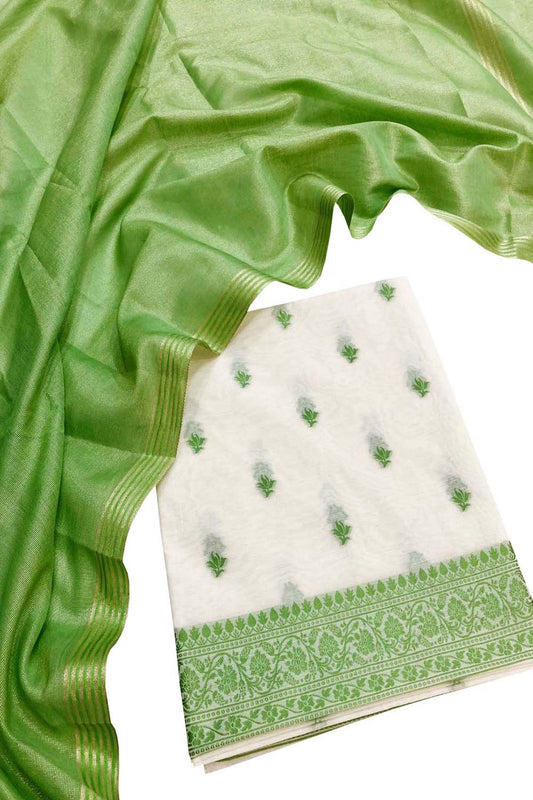 Green & Off White Banarasi Cotton Resham Unstitched Suit Set With Tissue Dupatta