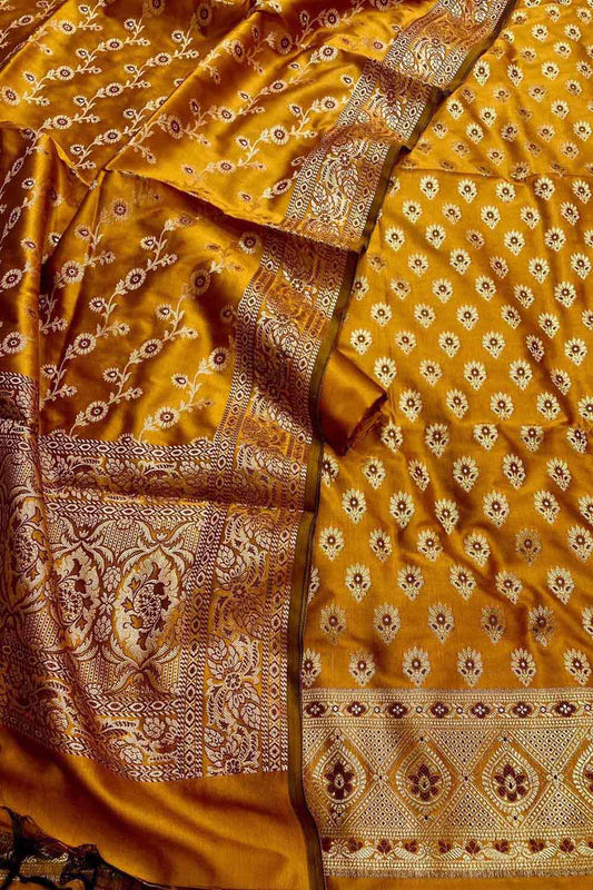 Yellow Banarasi Silk Unstitched Suit Set - Luxurion World