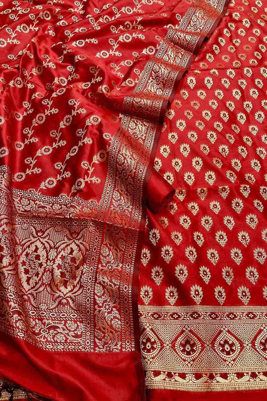 Red Banarasi Silk Unstitched Suit Set