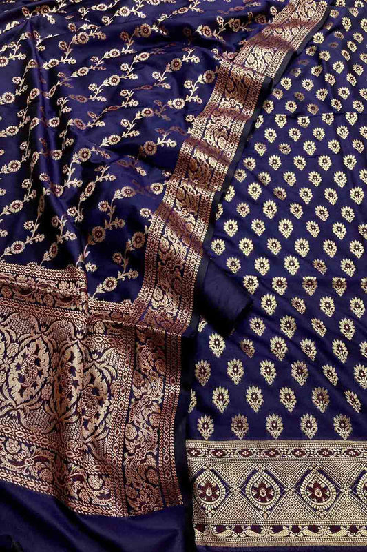 Blue Banarasi Silk Unstitched Suit Set - Luxurion World