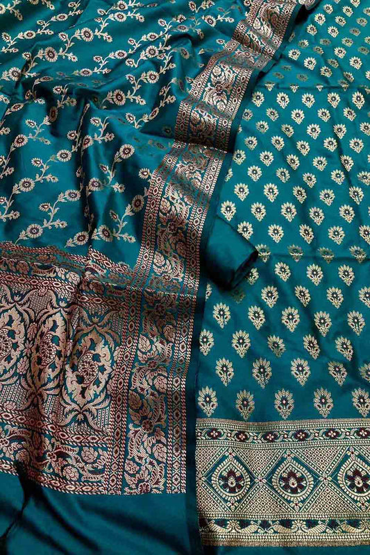 Green Banarasi Silk Unstitched Suit Set