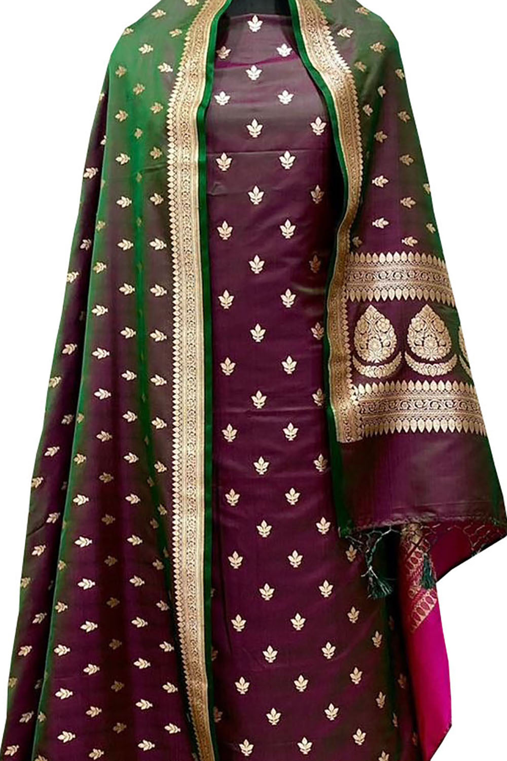 Elegant Maroon & Green Banarasi Silk Suit Set - Luxurion World