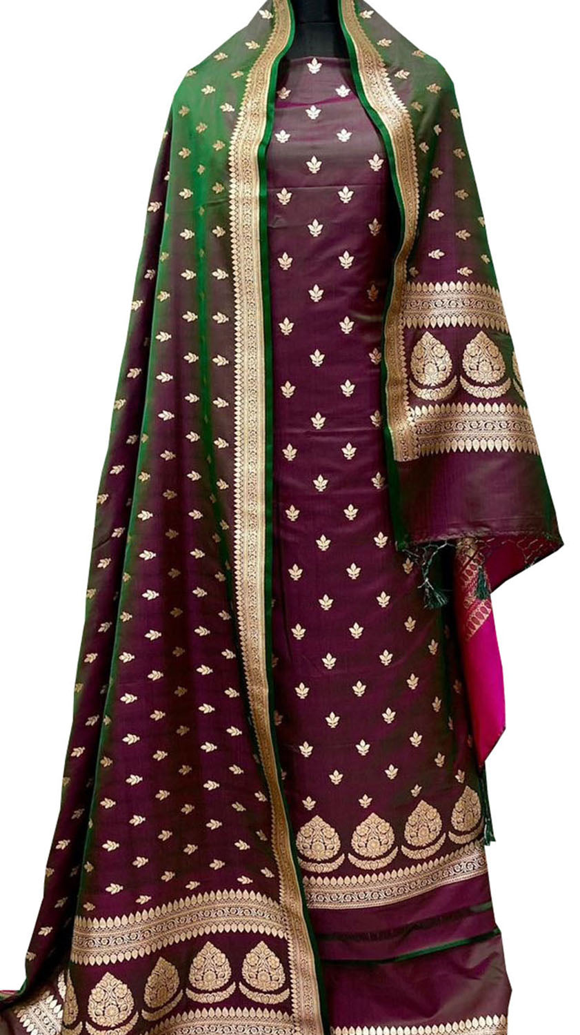 Elegant Maroon & Green Banarasi Silk Suit Set - Luxurion World