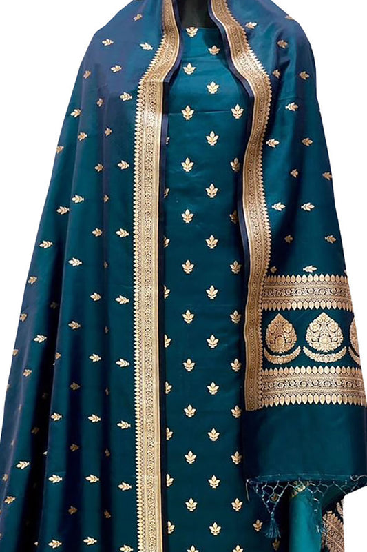 Stunning Green Banarasi Satin Silk Suit Set