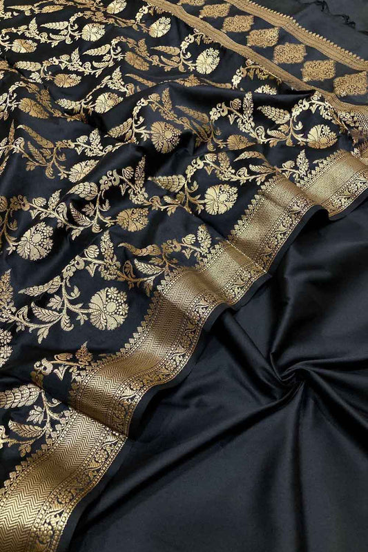 Elegant Black Banarasi Silk Suit with Jaal Dupatta - Luxurion World