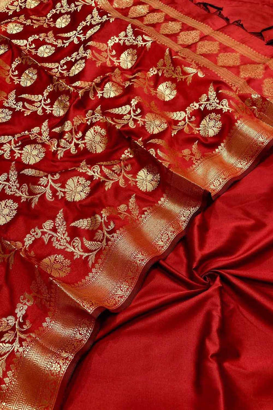 Red Banarasi Silk Suit with Jaal Dupatta - Luxurion World