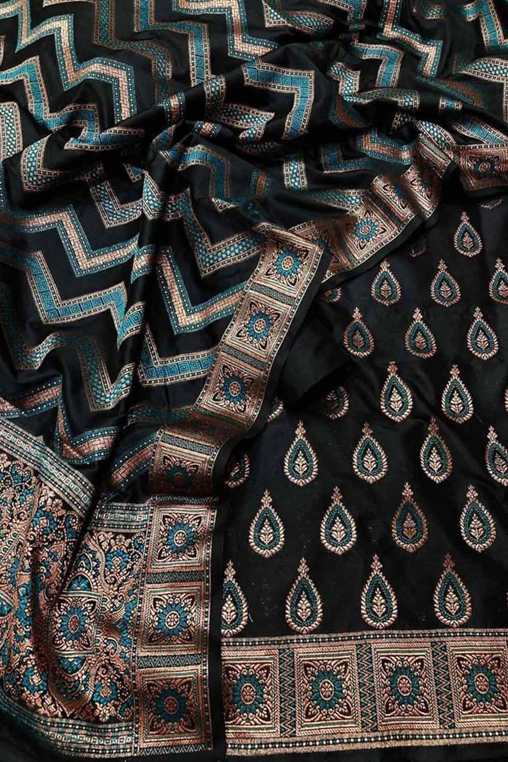 Black Banarasi Silk Unstitched Suit - Luxurion World