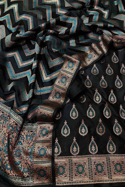 Black Banarasi Silk Unstitched Suit - Luxurion World