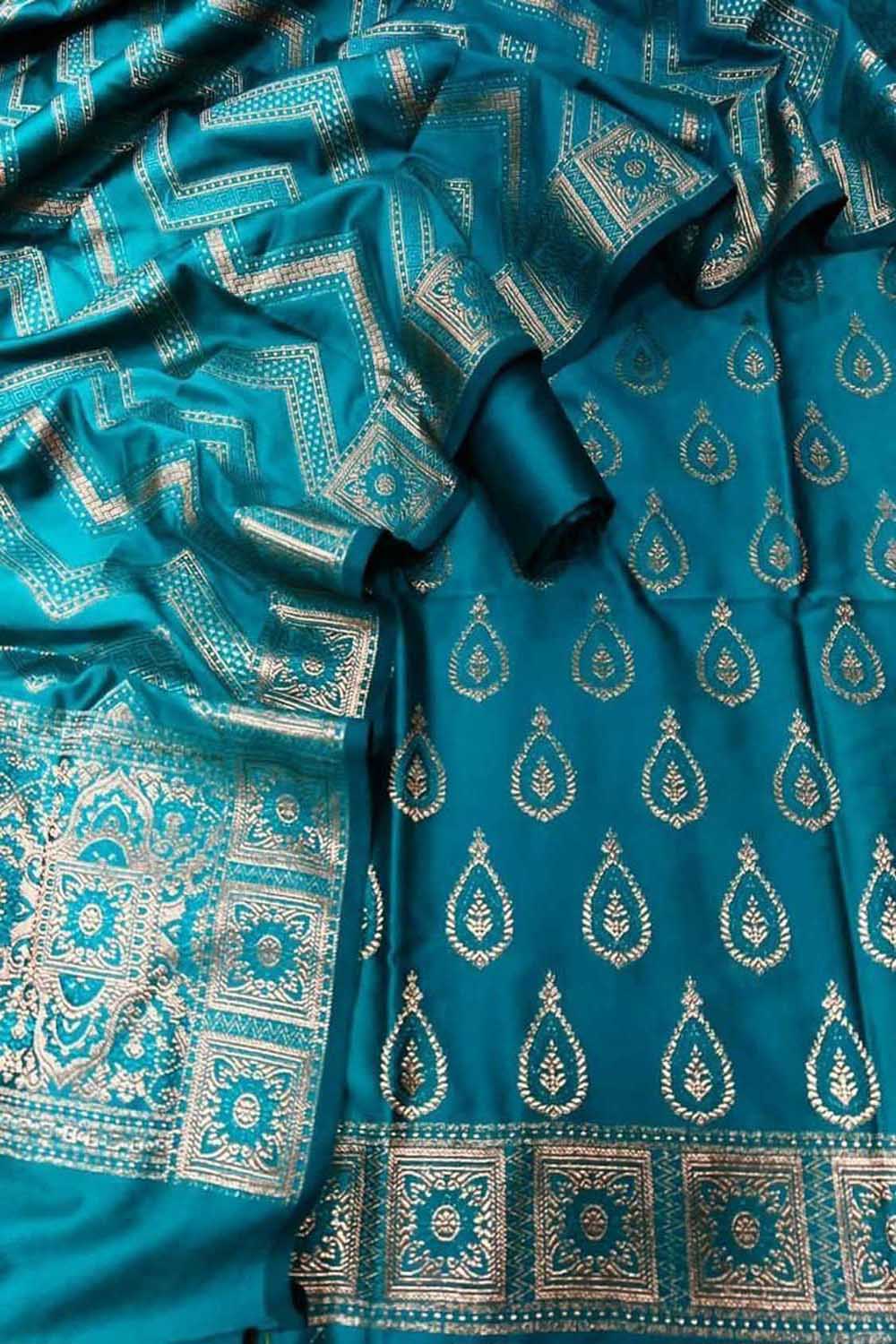 Blue Banarasi Silk Unstitched Suit - Luxurion World