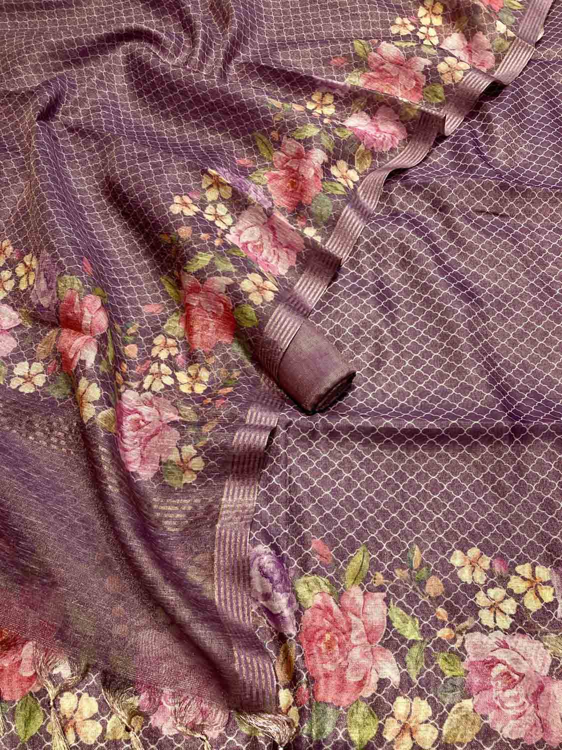 Elegant Purple Banarasi Cotton Tissue Digital Printed Unstitched Suit Set - Luxurion World