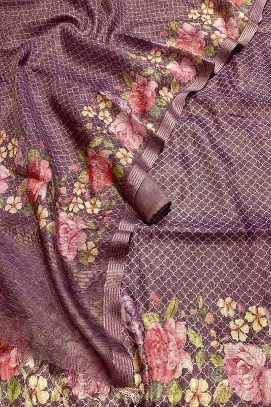 Elegant Purple Banarasi Cotton Tissue Digital Printed Unstitched Suit Set - Luxurion World