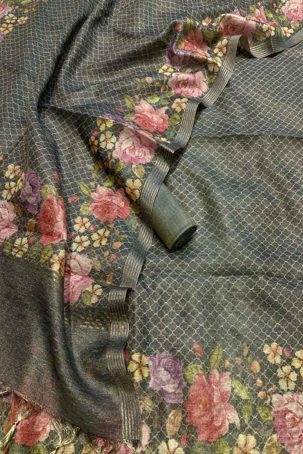 Chic Grey Banarasi Cotton Tissue Digital Printed Unstitched Suit Set - Luxurion World