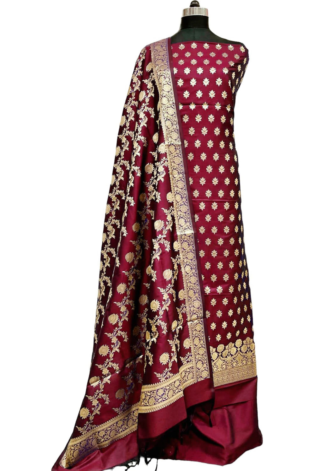 Elegant Maroon Banarasi Silk Three Piece Suit Set - Luxurion World