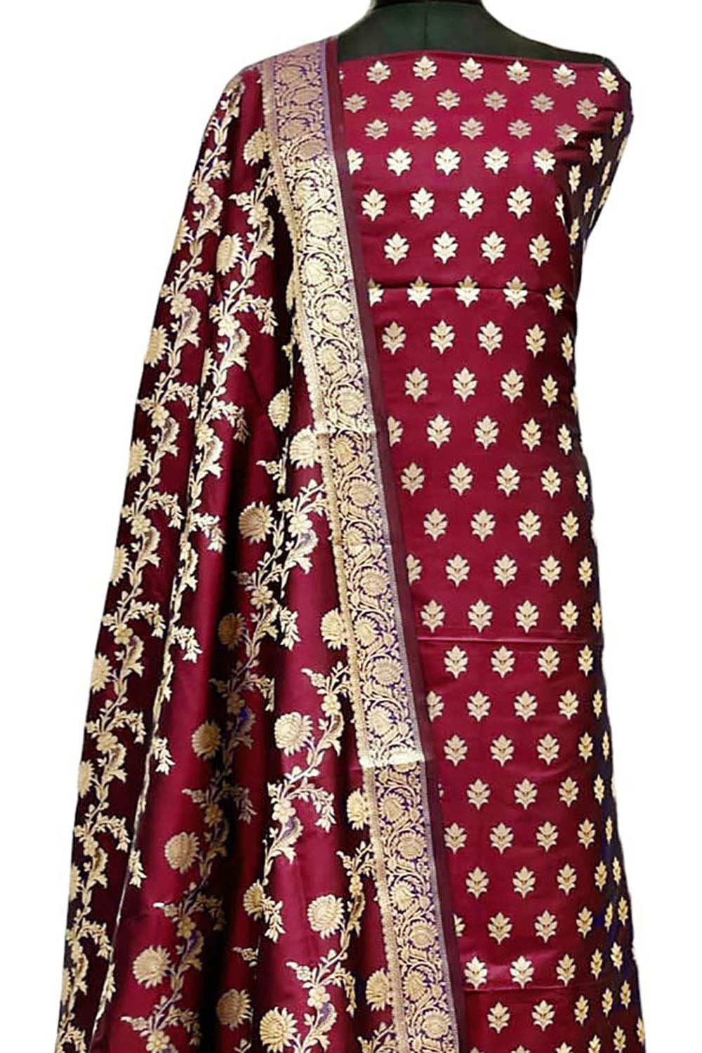 Elegant Maroon Banarasi Silk Three Piece Suit Set - Luxurion World