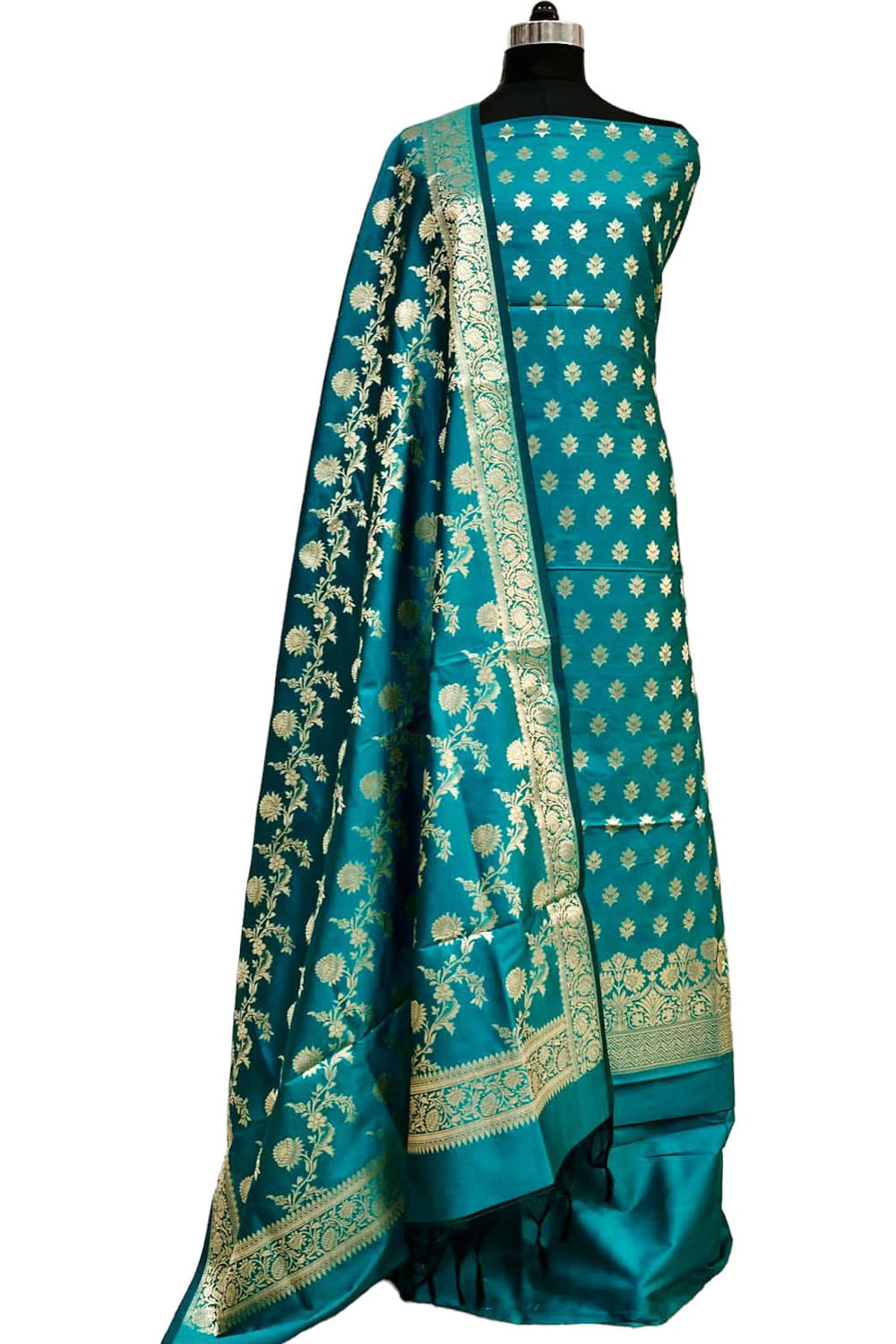Elegant Blue Banarasi Silk Three Piece Suit Set - Luxurion World