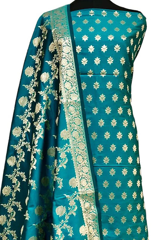 Elegant Blue Banarasi Silk Three Piece Suit Set - Luxurion World