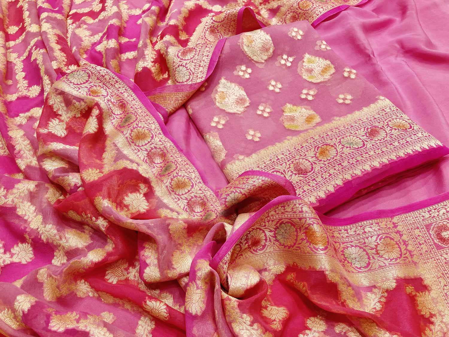 Stunning Pink Banarasi Chiffon Georgette Suit - Luxurion World