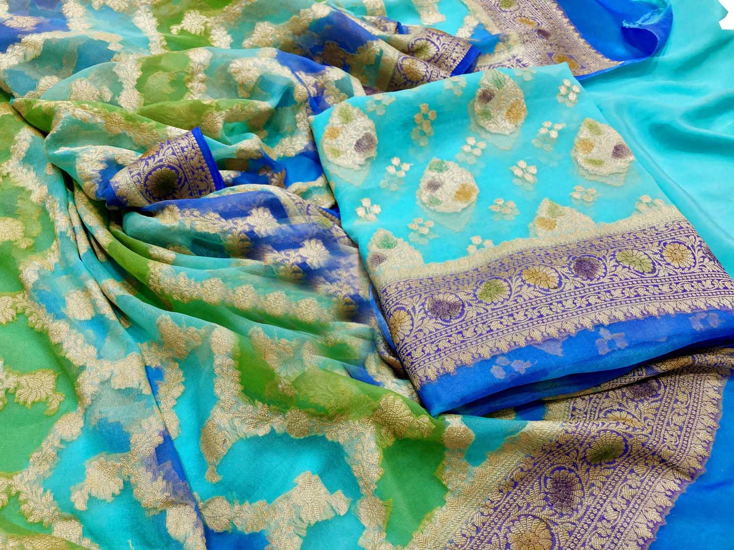 Elegant Blue & Green Banarasi Suit - Luxurion World