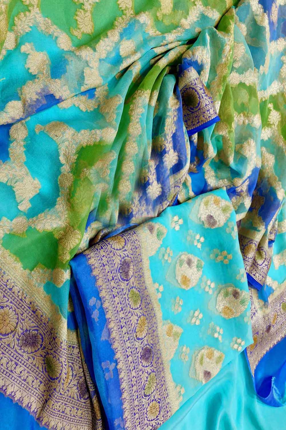 Elegant Blue & Green Banarasi Suit - Luxurion World