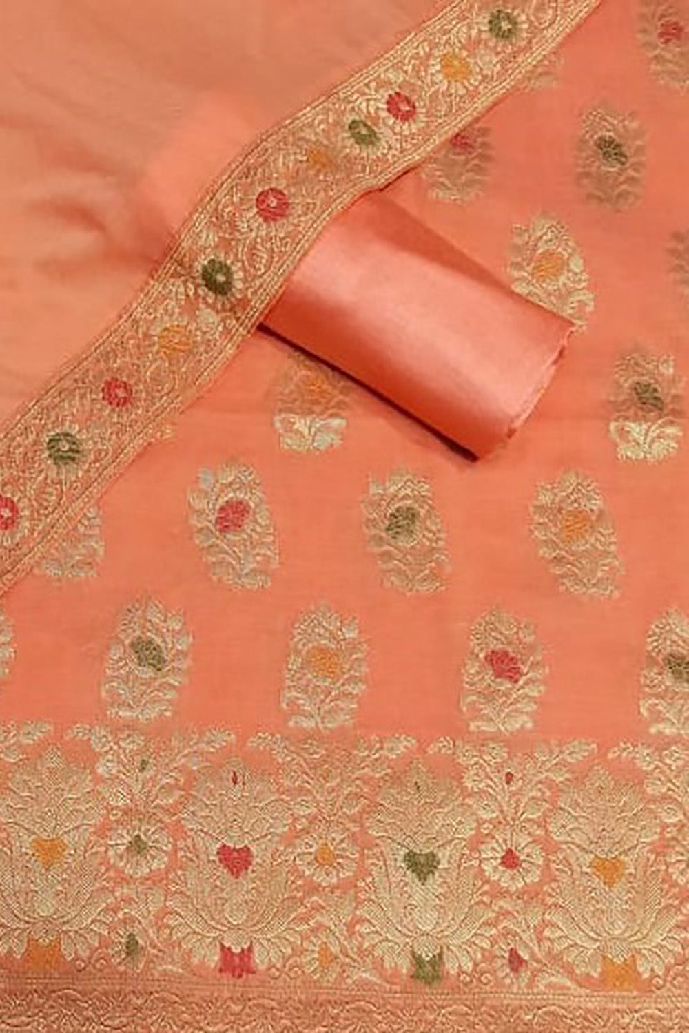 Orange Banarasi Cotton Meenakari Three Piece Unstitched Suit Set With Georgette Silk Dupatta - Luxurion World