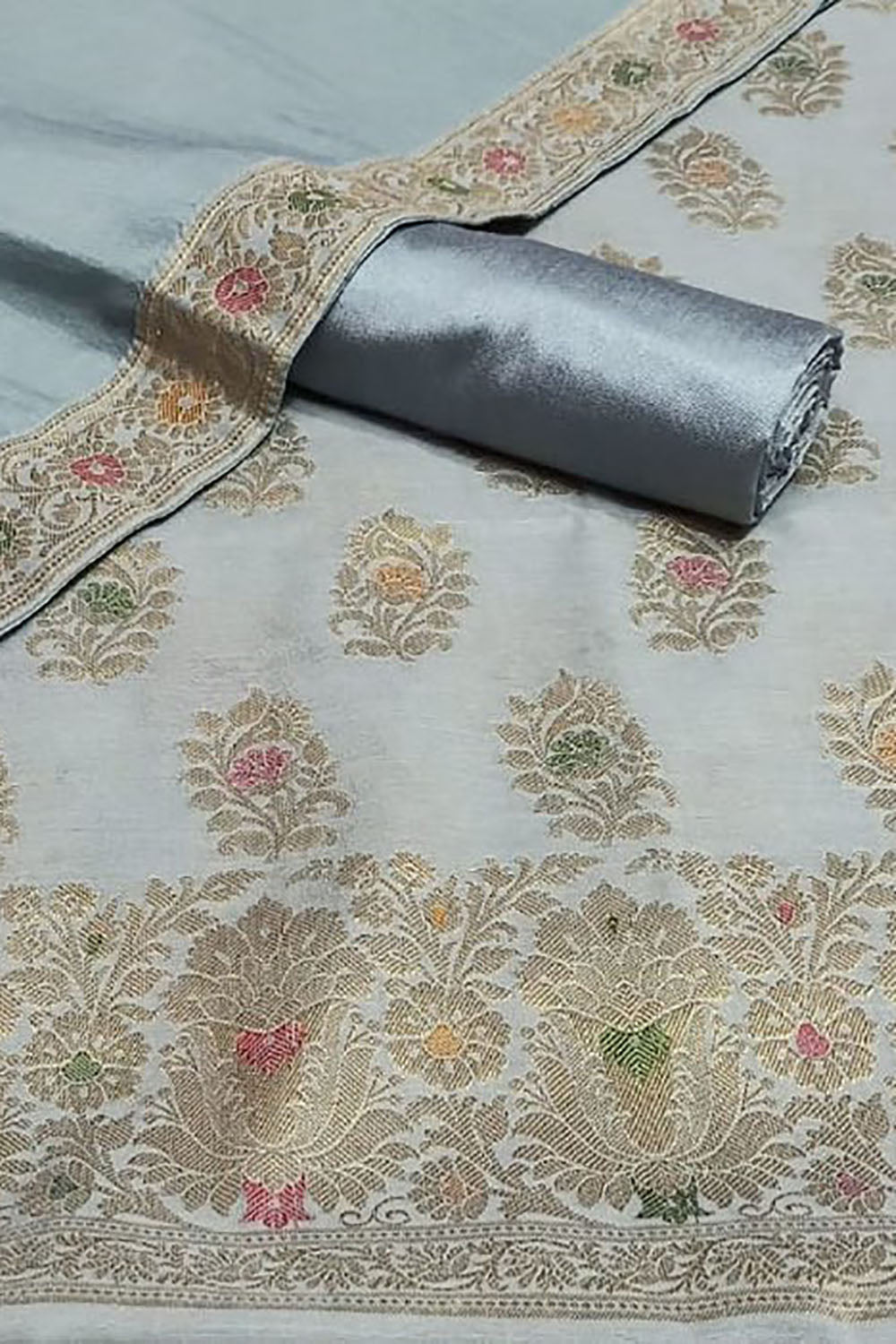 Grey Banarasi Cotton Meenakari Three Piece Unstitched Suit Set With Georgette Silk Dupatta - Luxurion World