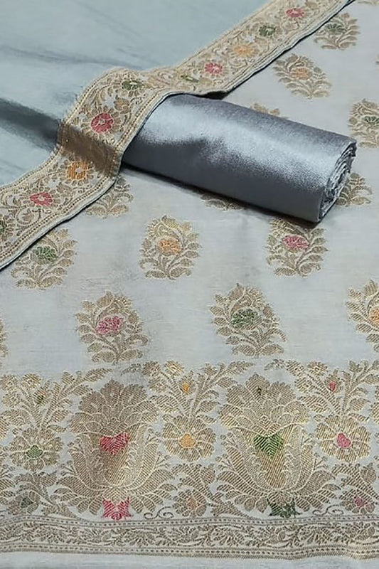 Grey Banarasi Cotton Meenakari Three Piece Unstitched Suit Set With Georgette Silk Dupatta - Luxurion World