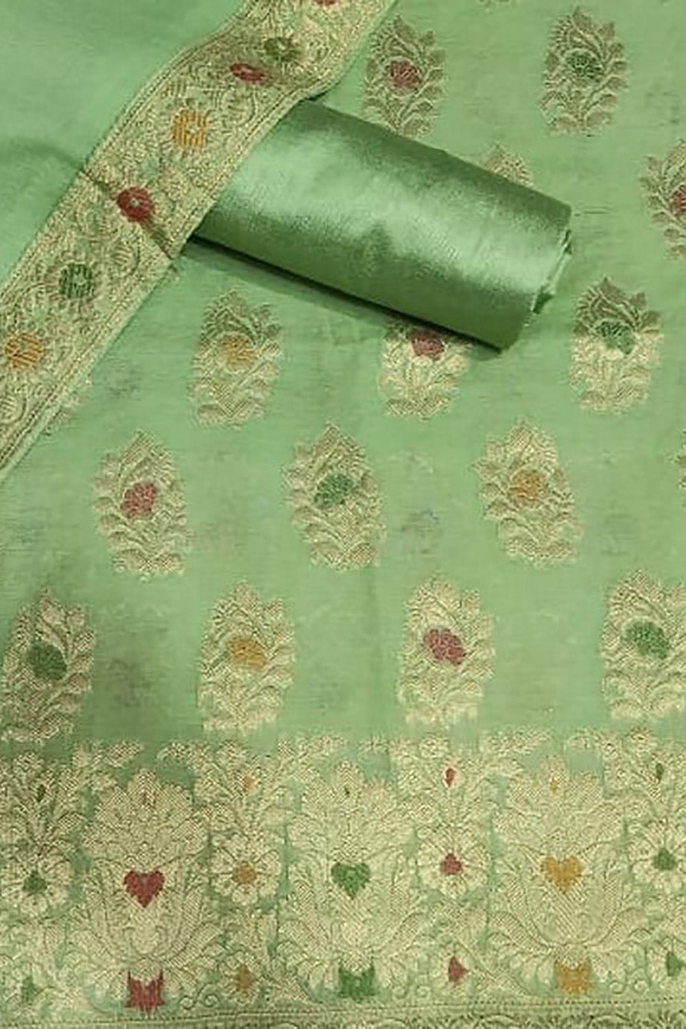 Green Banarasi Cotton Meenakari Three Piece Unstitched Suit Set With Georgette Silk Dupatta - Luxurion World