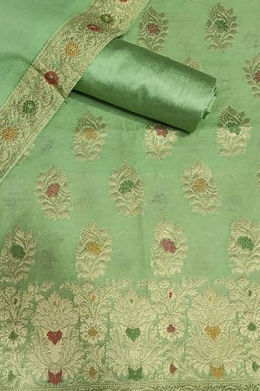 Green Banarasi Cotton Meenakari Three Piece Unstitched Suit Set With Georgette Silk Dupatta - Luxurion World