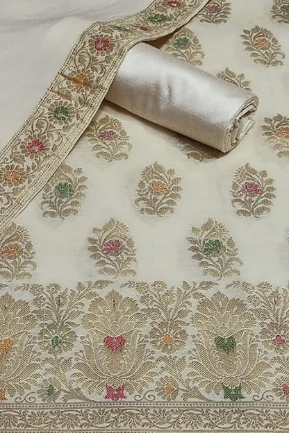Pastel Banarasi Cotton Meenakari Three Piece Unstitched Suit Set With Georgette Silk Dupatta