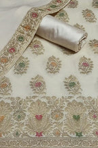 Pastel Banarasi Cotton Meenakari Three Piece Unstitched Suit Set With Georgette Silk Dupatta - Luxurion World