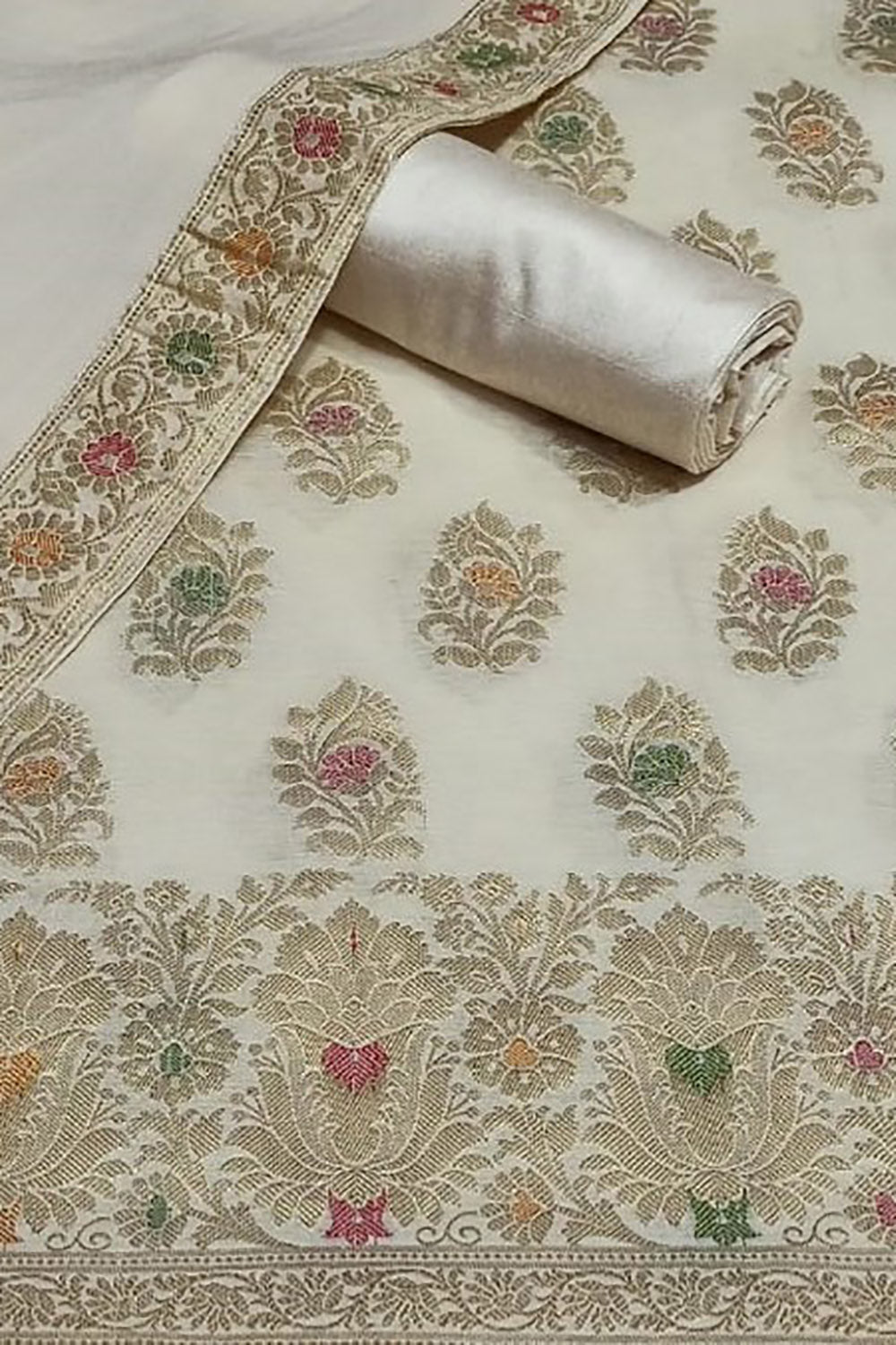 Pastel Banarasi Cotton Meenakari Three Piece Unstitched Suit Set With Georgette Silk Dupatta - Luxurion World