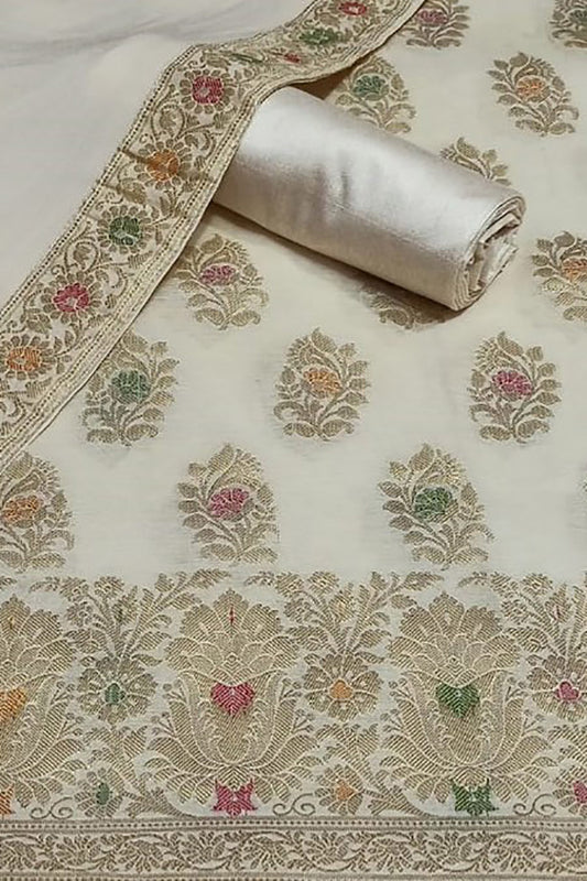 Pastel Banarasi Cotton Meenakari Three Piece Unstitched Suit Set With Georgette Silk Dupatta - Luxurion World