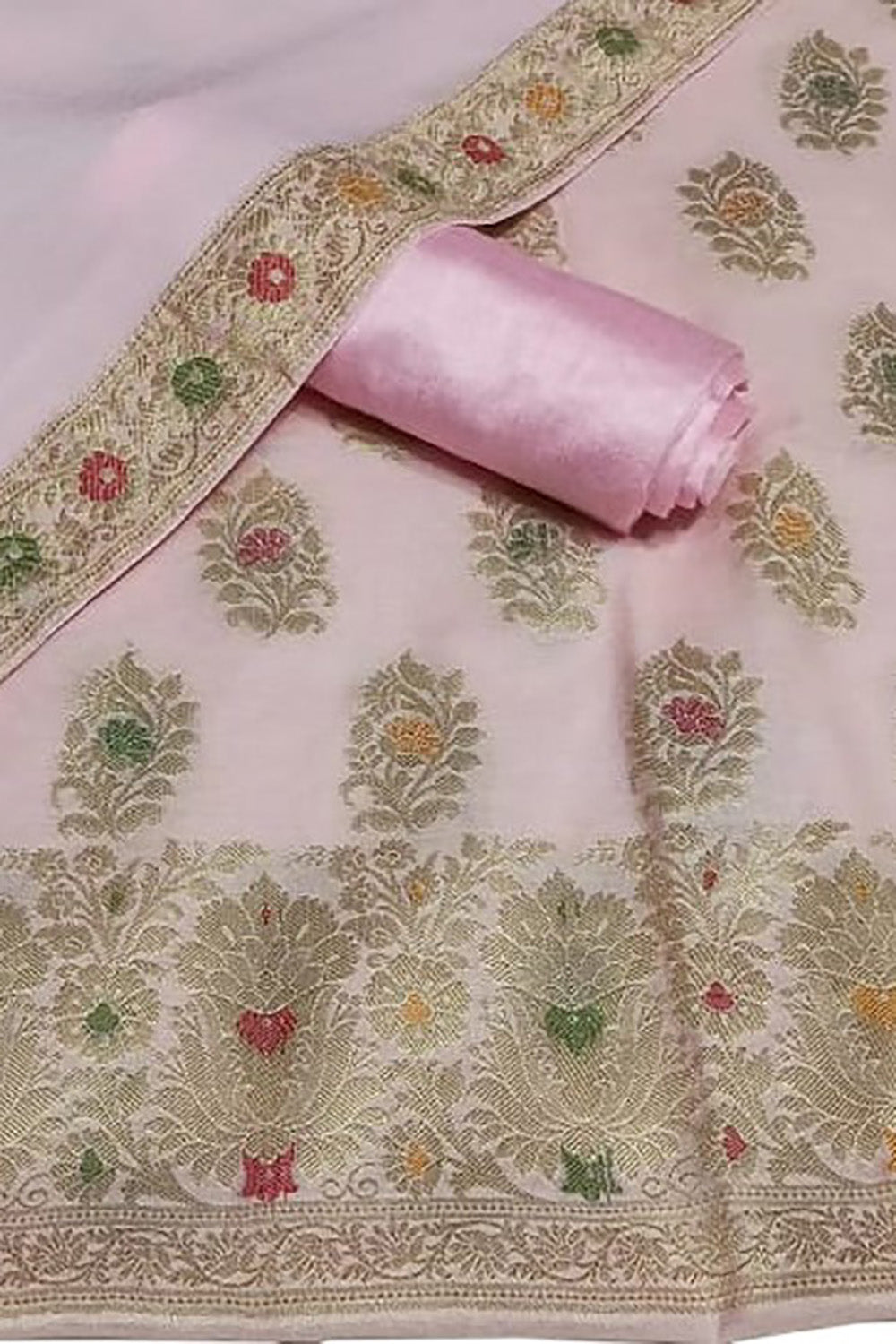 Pink Banarasi Cotton Meenakari Three Piece Unstitched Suit Set With Georgette Silk Dupatta - Luxurion World
