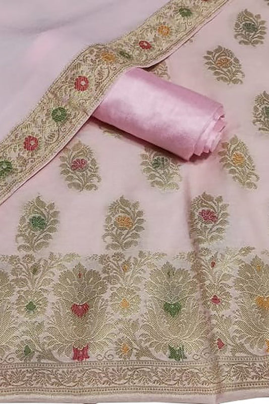 Pink Banarasi Cotton Meenakari Three Piece Unstitched Suit Set With Georgette Silk Dupatta - Luxurion World