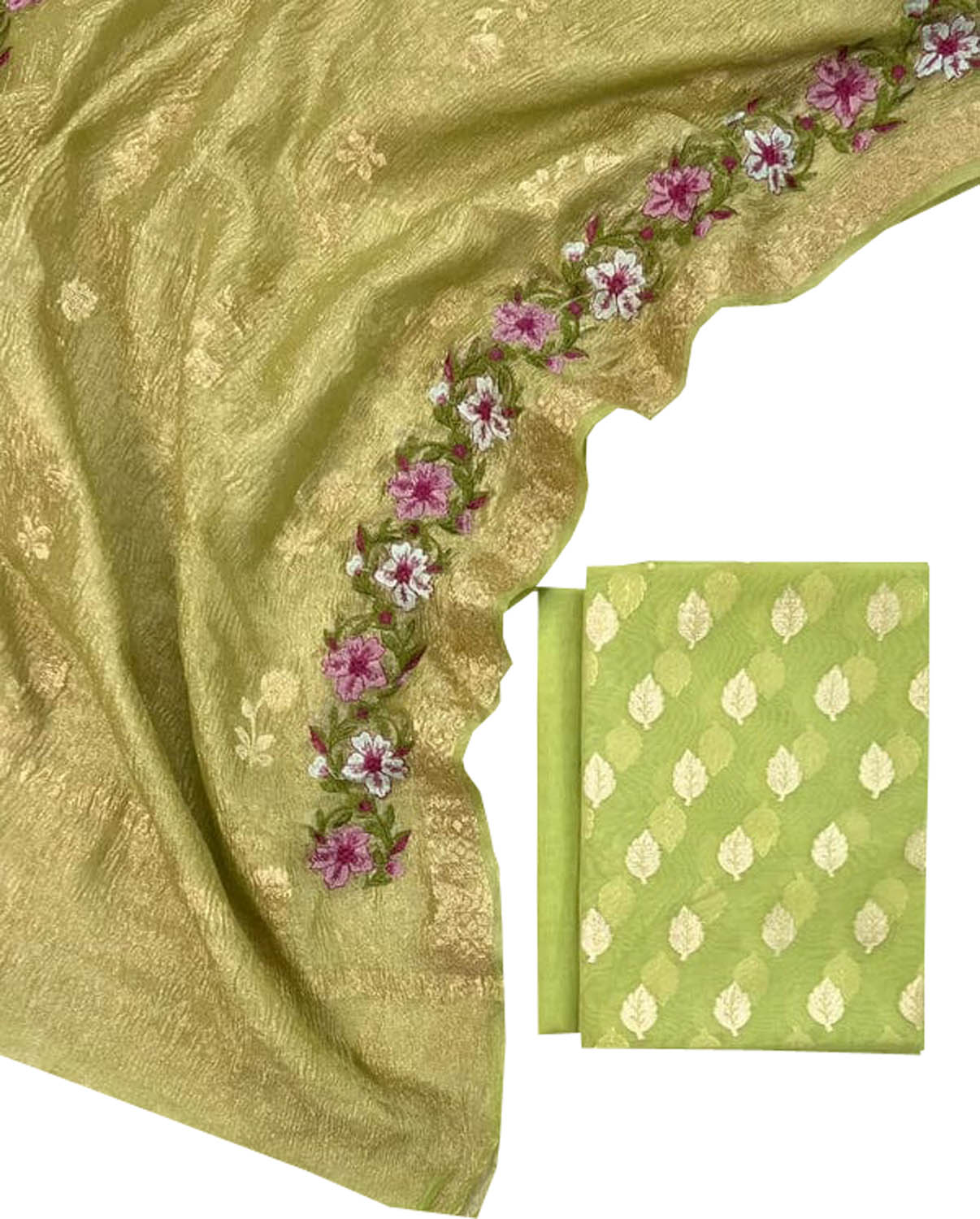 Green Banarasi Chanderi Silk Suit Set with Embroidered Dupatta - Luxurion World