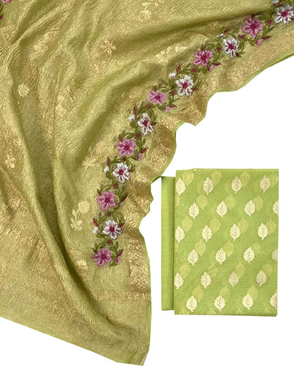 Green Banarasi Chanderi Silk Suit Set with Embroidered Dupatta - Luxurion World
