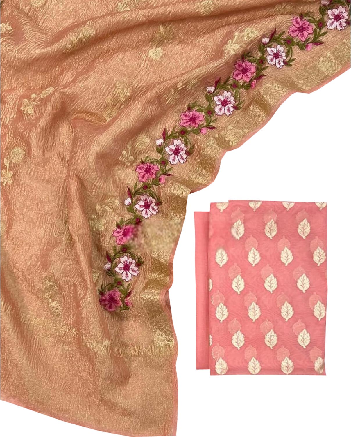 Pink Banarasi Chanderi Silk Suit Set with Embroidered Dupatta - Luxurion World