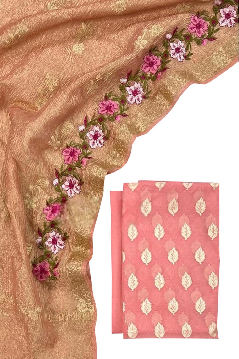 Pink Banarasi Chanderi Silk Suit Set with Embroidered Dupatta - Luxurion World